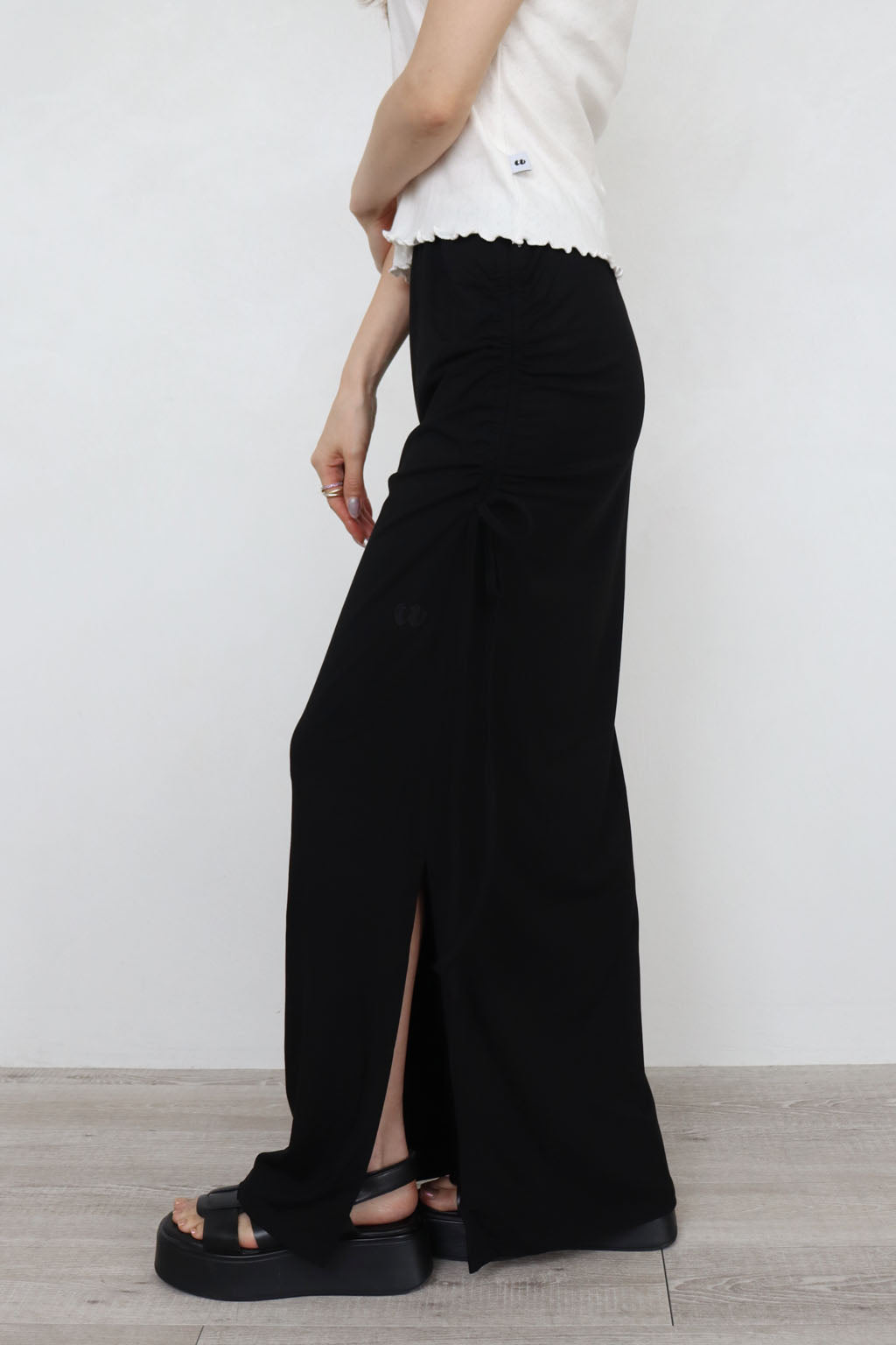 Side Drawstring Long Skirt Black
