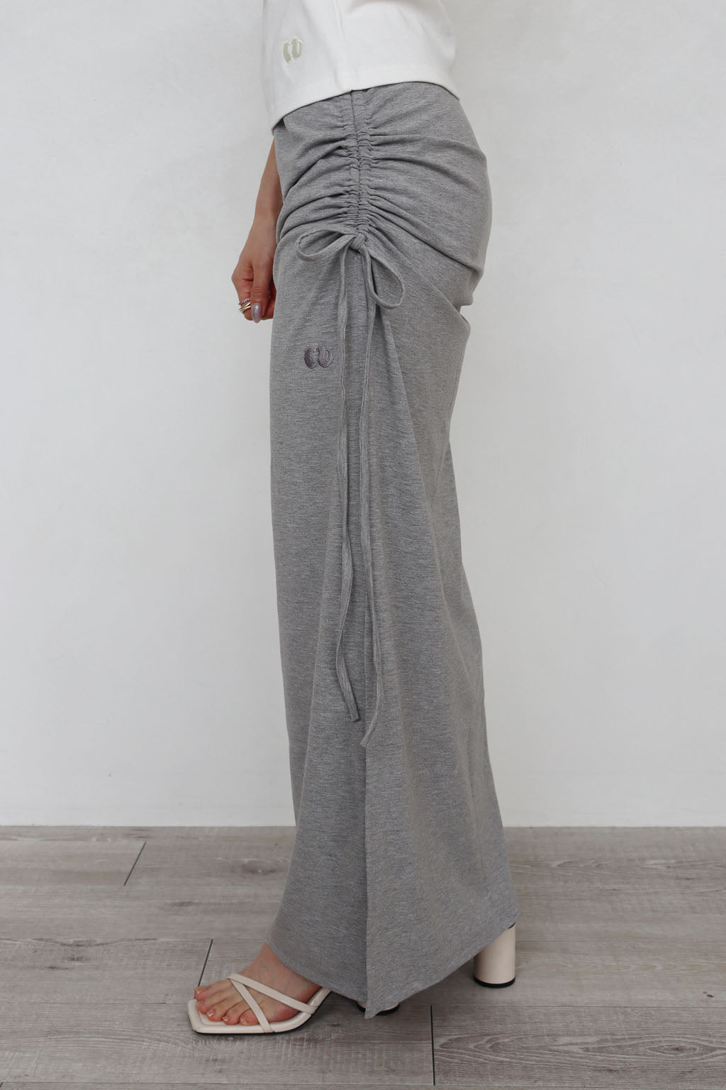Side Drawstring Long Skirt Gray