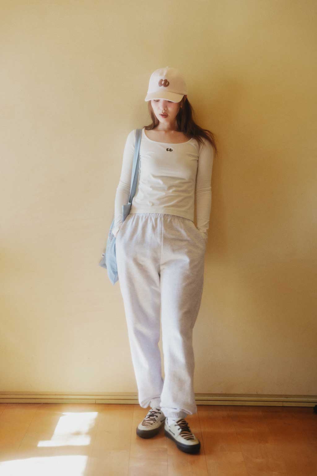 Square Neck Logo Printed Long Sleeve Top White
