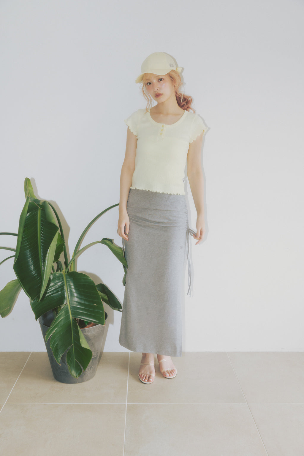 Side Drawstring Long Skirt Gray