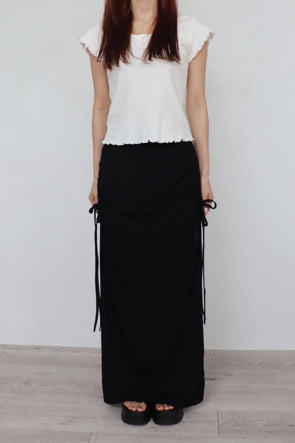 Side Drawstring Long Skirt Black