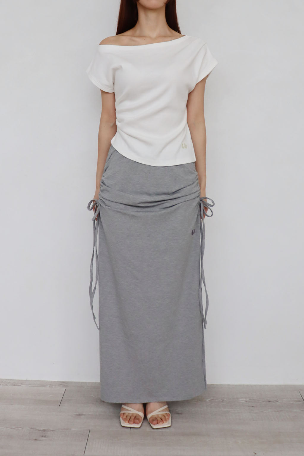 Side Drawstring Long Skirt Gray