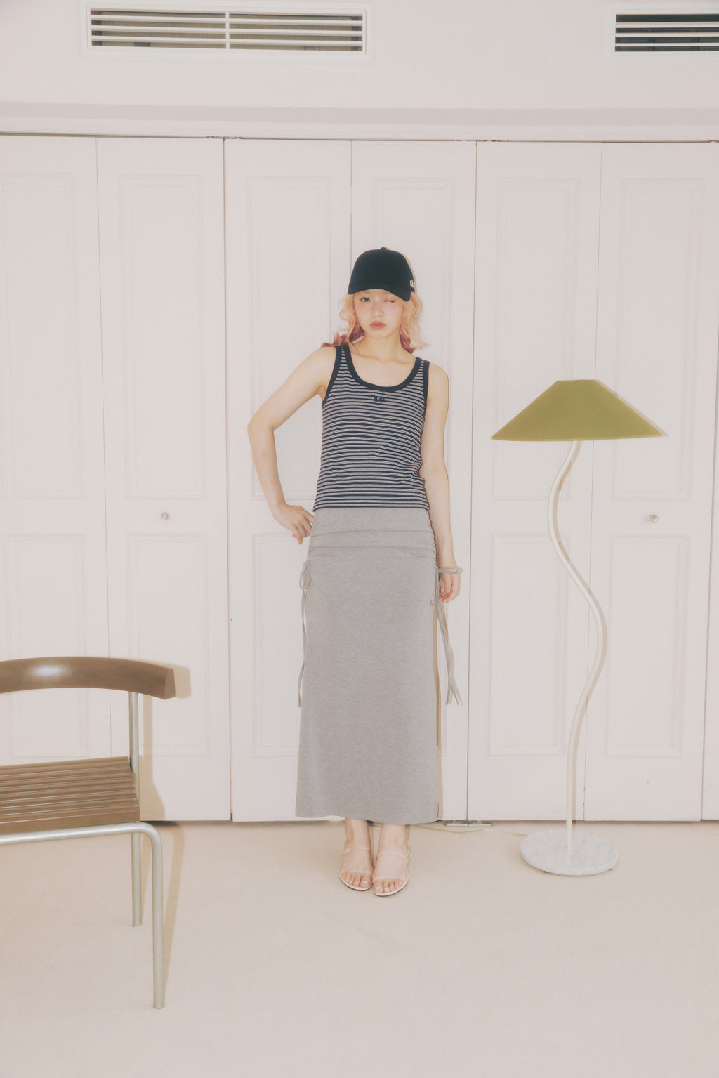 Side Drawstring Long Skirt Gray