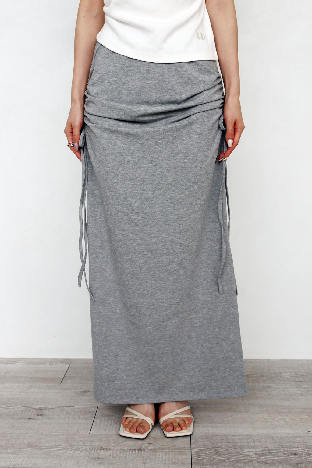 Side Drawstring Long Skirt Gray
