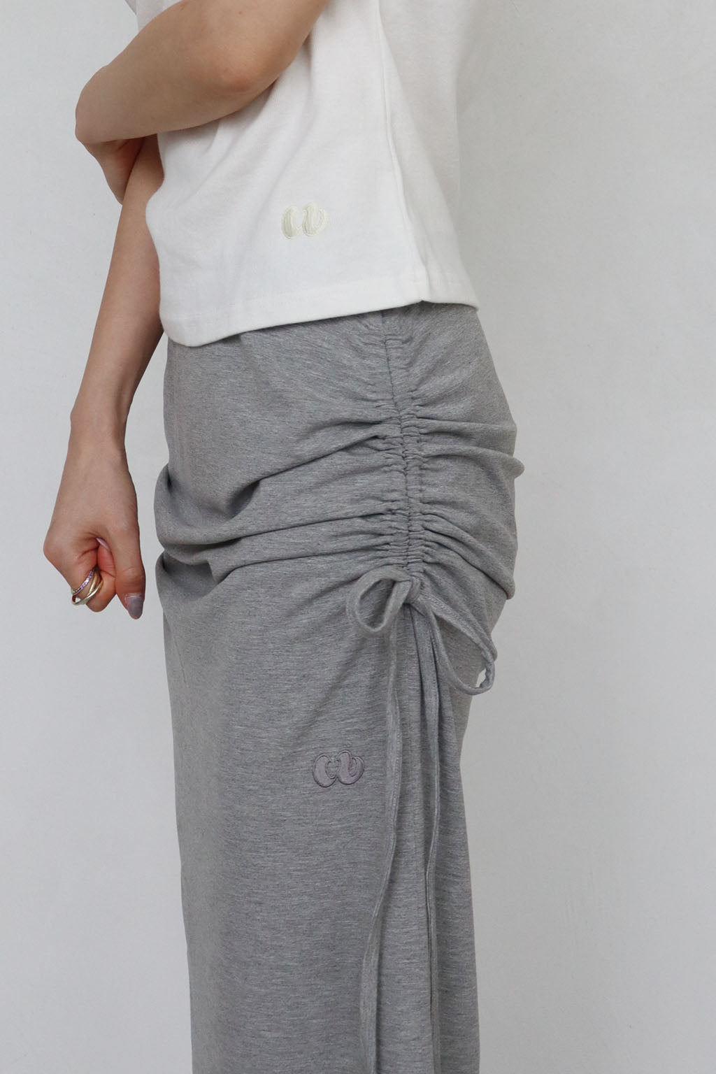 Side Drawstring Long Skirt Gray