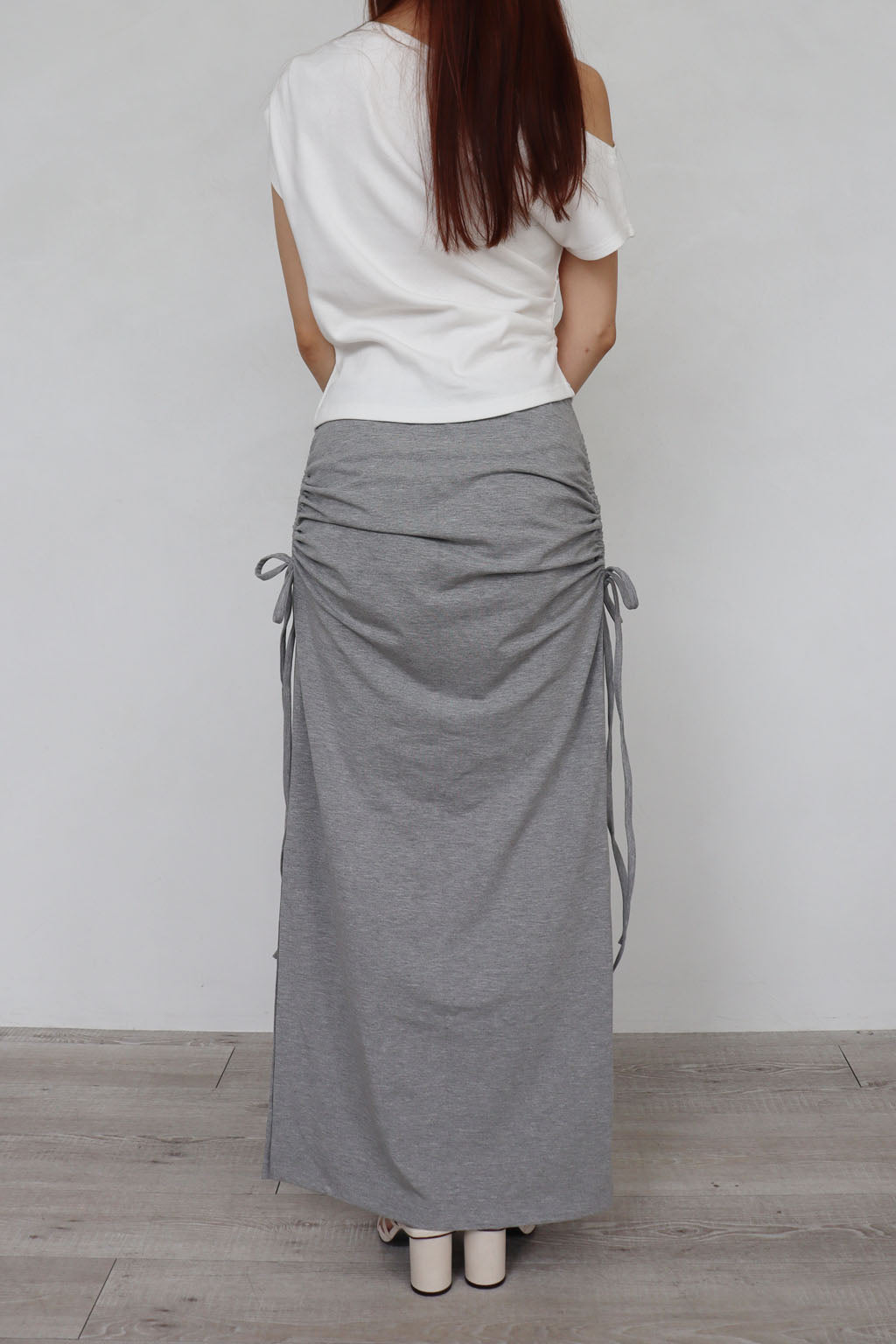 Side Drawstring Long Skirt Gray