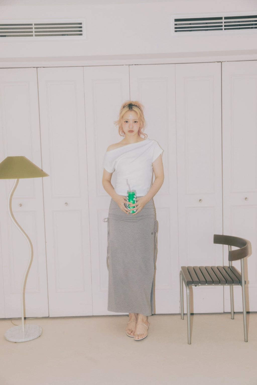 Side Drawstring Long Skirt Gray