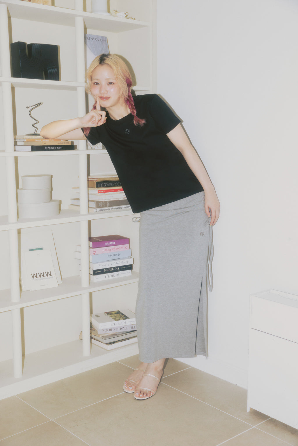Side Drawstring Long Skirt Gray