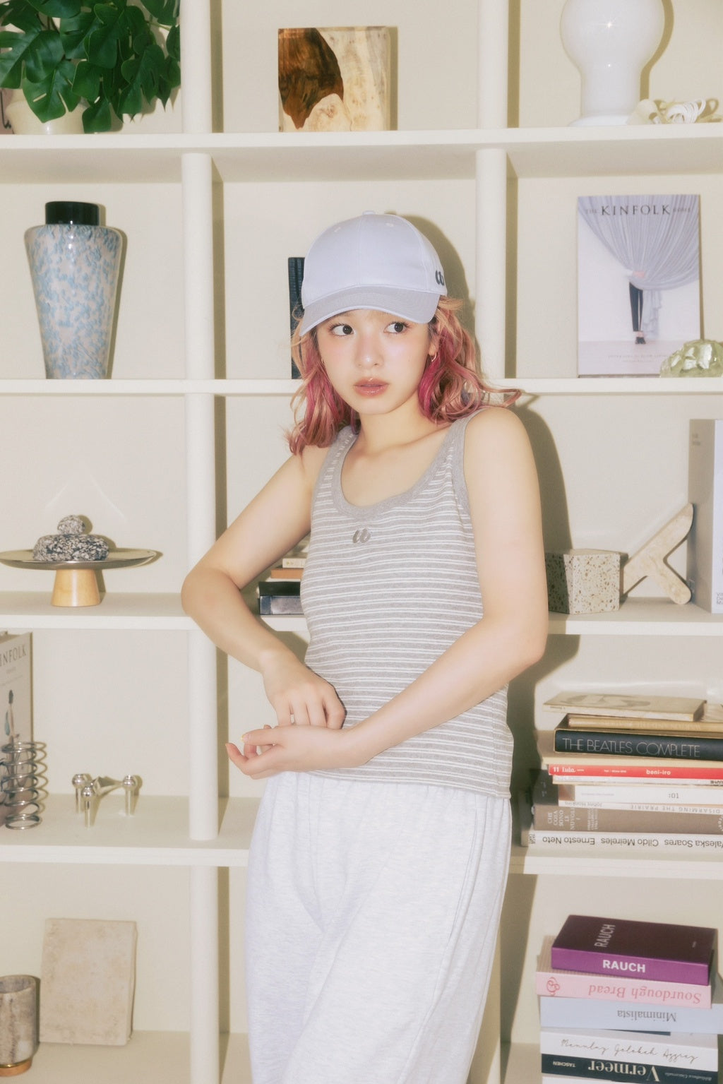 Embroidered Striped Tank Top Gray