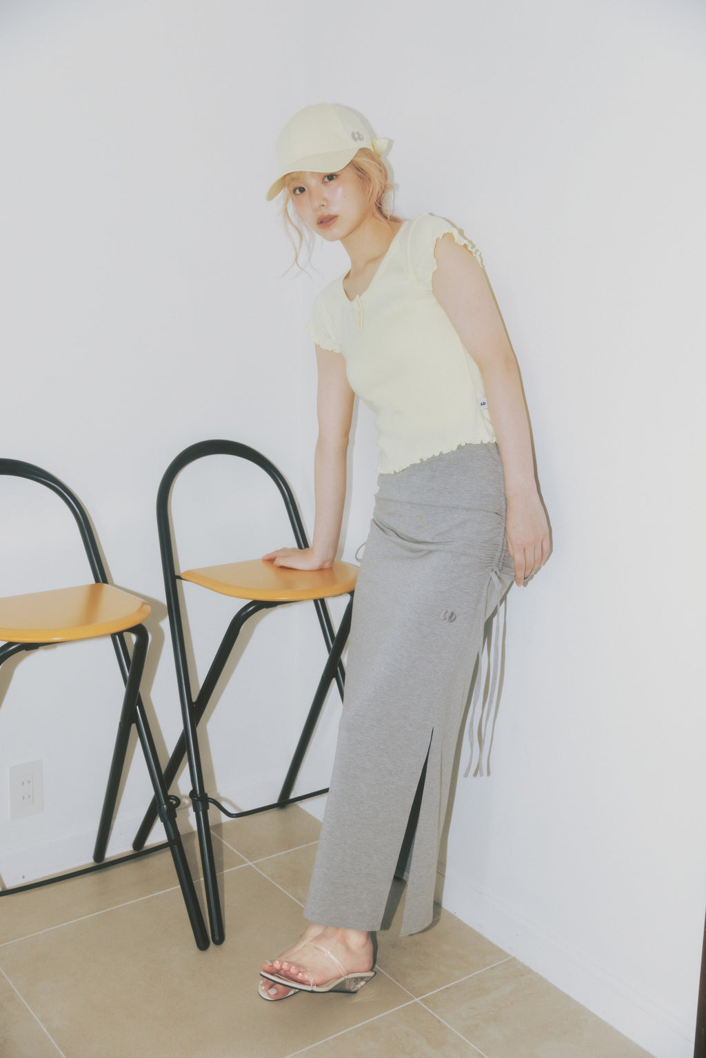 Side Drawstring Long Skirt Gray